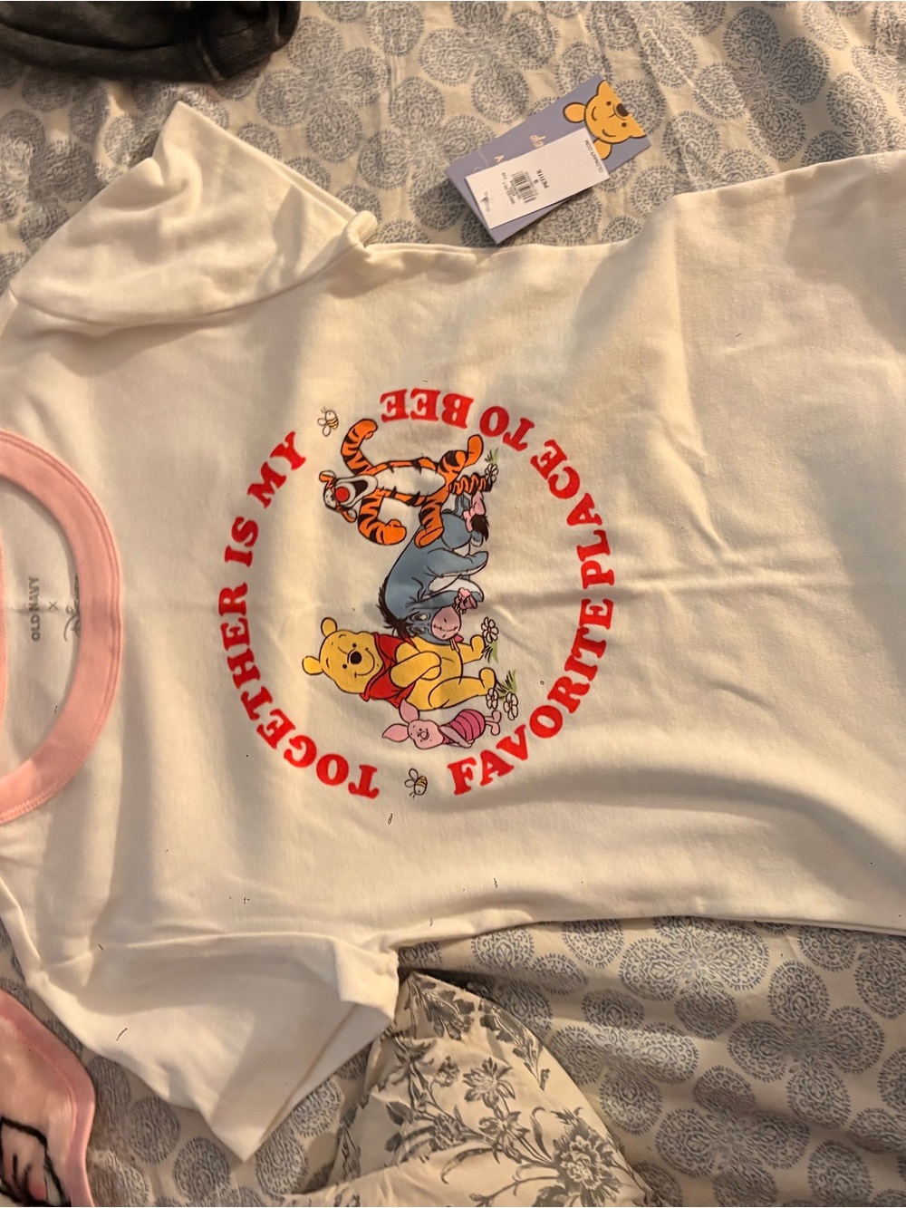 Old Navy Cream Tee with Pink Trim and Winnie the Pooh Friends Graphic